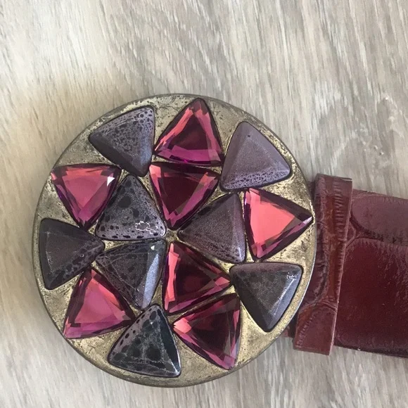 Garuglier’s leather belt XL maroon purple stones silver buckle made in … - Picture 1 of 17